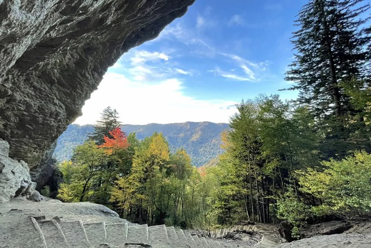 A close-up view of rugged rock formations surrounded by vibrant autumn foliage, set against the backdrop of distant mountains. The scene evokes a sense of exploration, with opportunities for hiking, discovering hidden trails, and nature photography.